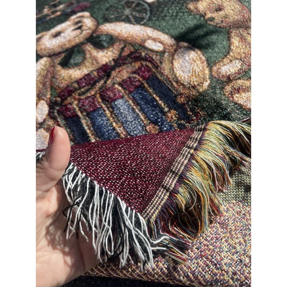 Vintage 1990s Woven Teddy Bear Throw Blanket Jacquard Fringe 52x57 Cottage Core